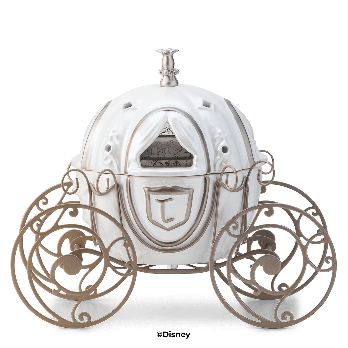 White ceramic pumpkin coach with a crest and curtained window on swirling bronze-toned metal wheels, the Disney Cinderella: Royal Carriage Scentsy Warmer