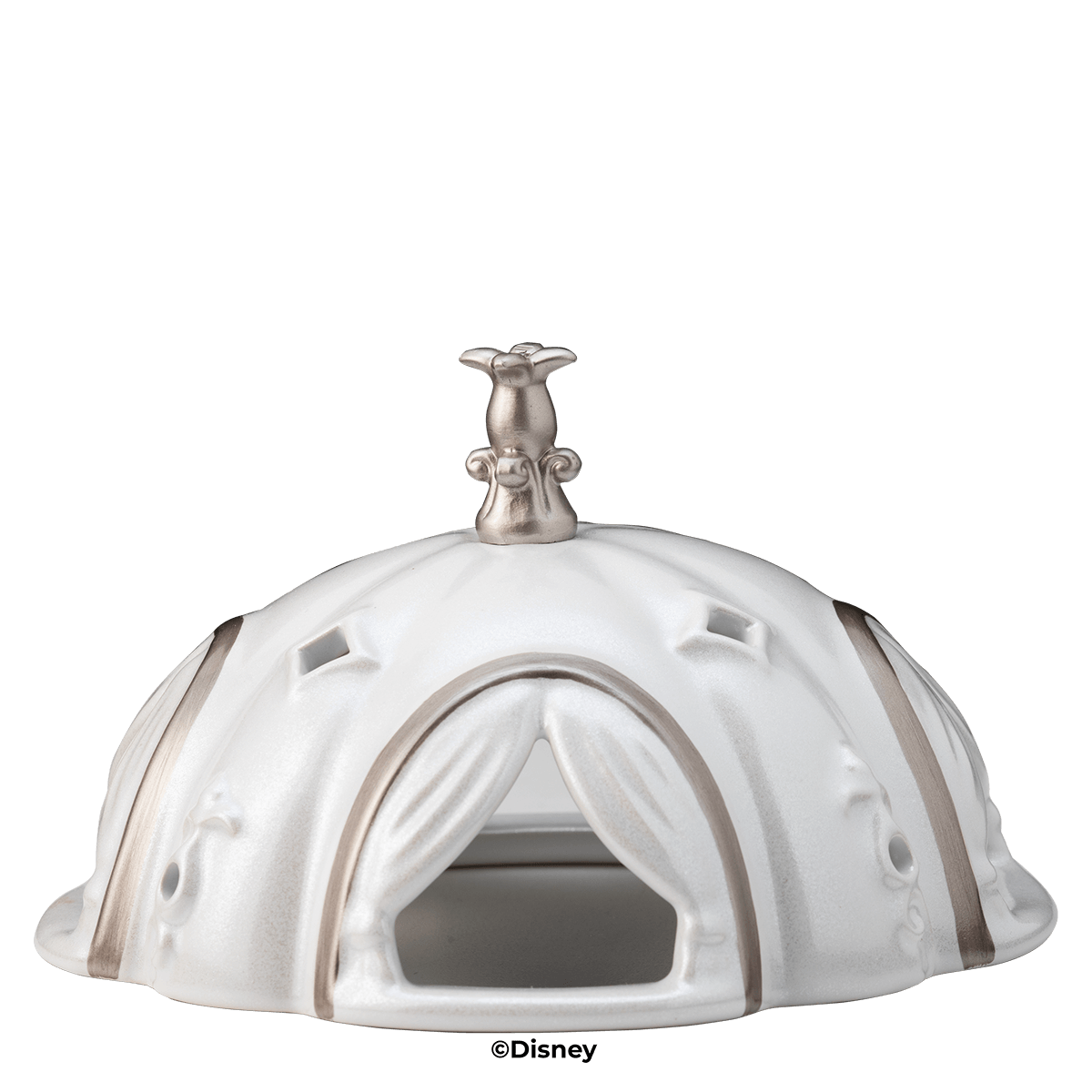 White ceramic dome with silver stripes, curtained doorway and finial, the Disney Cinderella: Royal Carriage Scentsy Warmer
