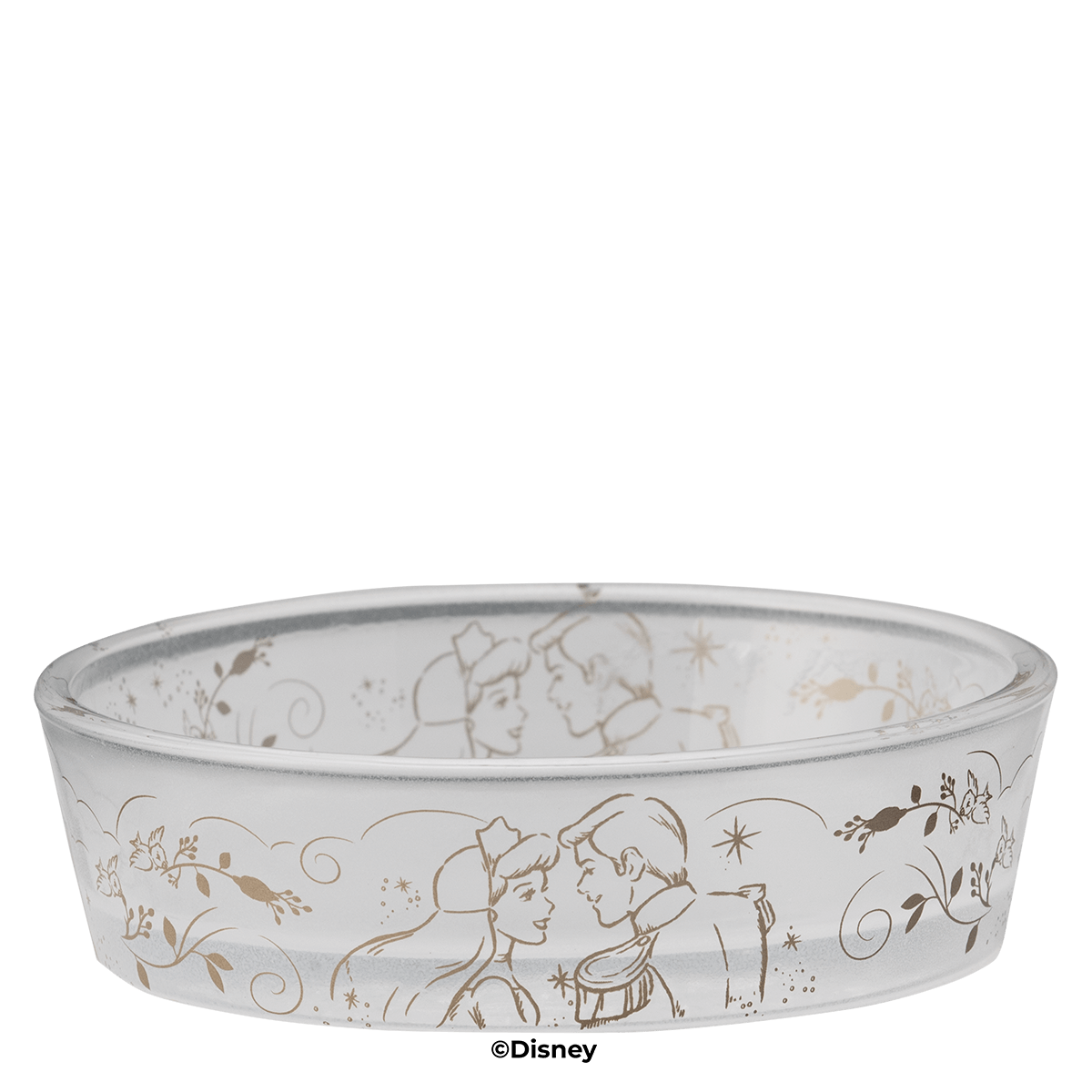 Frosted glass warmer dish with gold line art of Cinderella and Prince Charming face to face among flowers, birds and sparkles