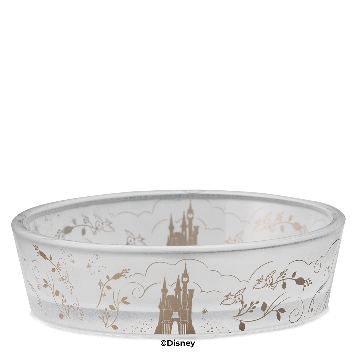 Frosted glass warmer dish with gold castle, bird and vine designs, part of the Disney Cinderella: Royal Carriage Scentsy Warmer