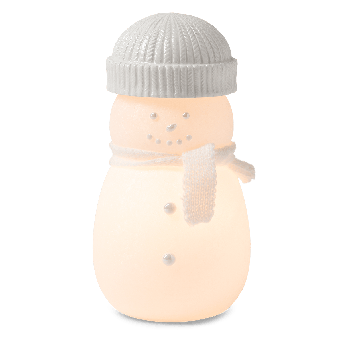 Frosty Charm Scentsy Warmer lit, a glowing frosted glass snowman with a cable-knit beanie, white knitted scarf and pearly button face