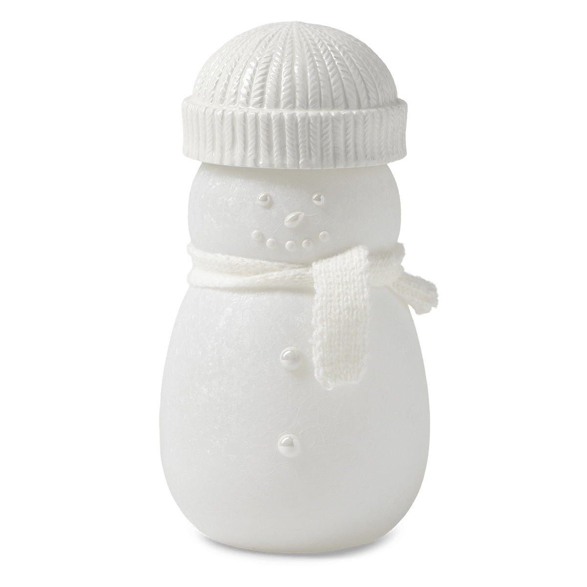 White snowman warmer with a frosted body, glossy cable-knit beanie lid, knitted white scarf and pearly dot face and buttons