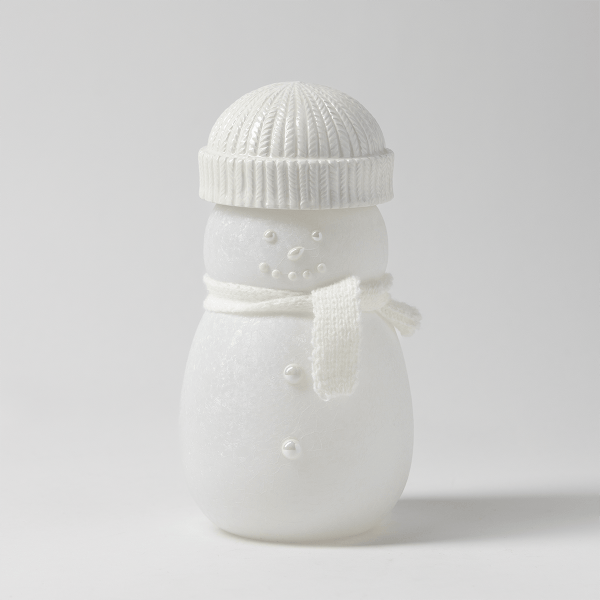 White frosted snowman with a glossy cable-knit beanie, pearl button eyes and smile, and a knitted white scarf, the Frosty Charm Scentsy Warmer