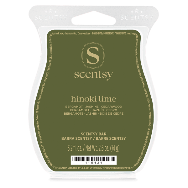 Olive green clamshell wax pack with gold Scentsy logo in a white curved tray, the Hinoki Lime (Orville) Scentsy Bar