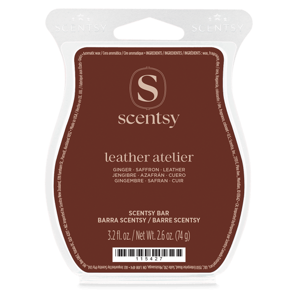 Rich brown curved wax bar pack in a clear clamshell with cream Scentsy logo lettering, the Leather Atelier (Owen) Scentsy Bar