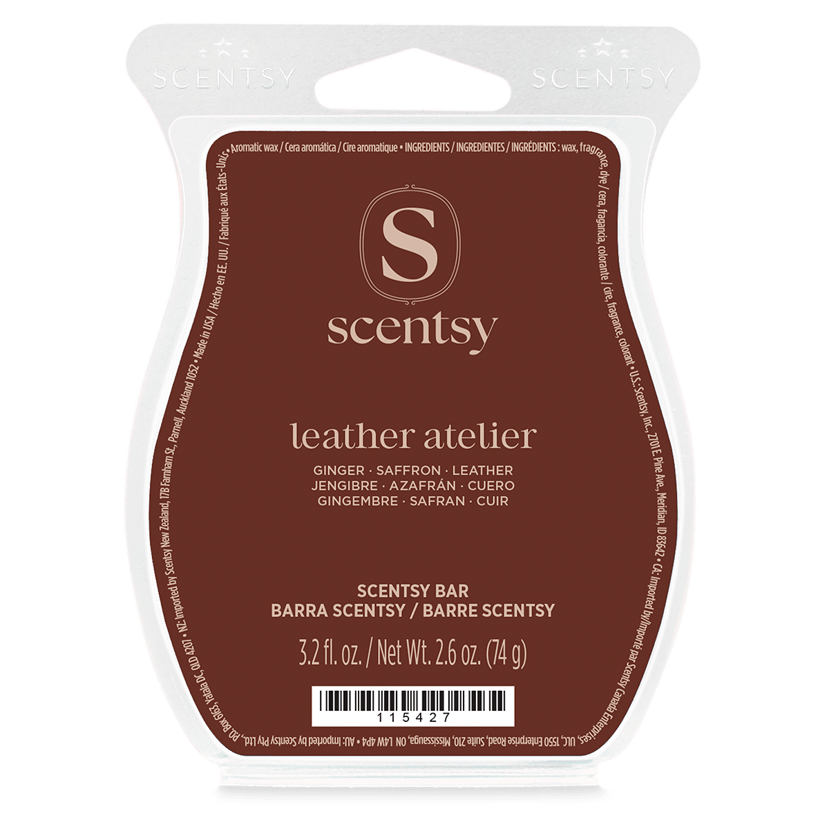 Rich brown curved wax bar pack in a clear clamshell with cream Scentsy logo lettering, the Leather Atelier (Owen) Scentsy Bar