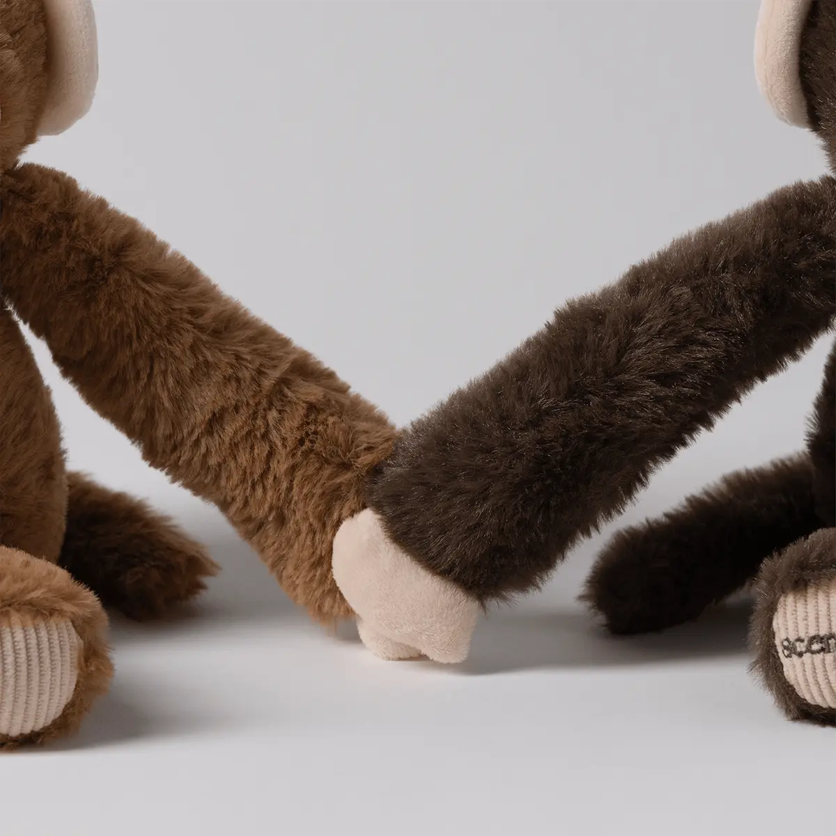 Close-up of two brown plush monkeys, one light and one dark, holding hands with beige paws and corduroy-soled feet