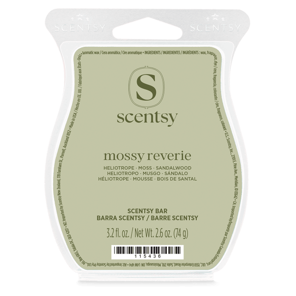Sage green Scentsy Bar label in a clear plastic clamshell with a curved scalloped outline, the Mossy Reverie (Emma) Scentsy Bar