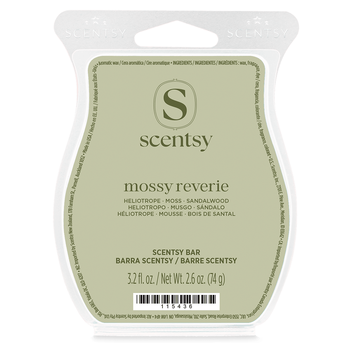 Sage green Scentsy Bar label in a clear plastic clamshell with a curved scalloped outline, the Mossy Reverie (Emma) Scentsy Bar