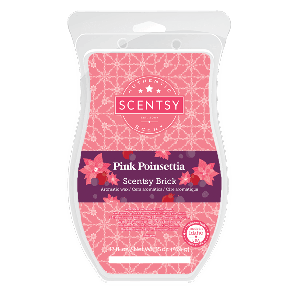 Coral pink clamshell wax pack with a white lattice pattern and a plum band decorated with poinsettia flowers, the Pink Poinsettia Scentsy Brick