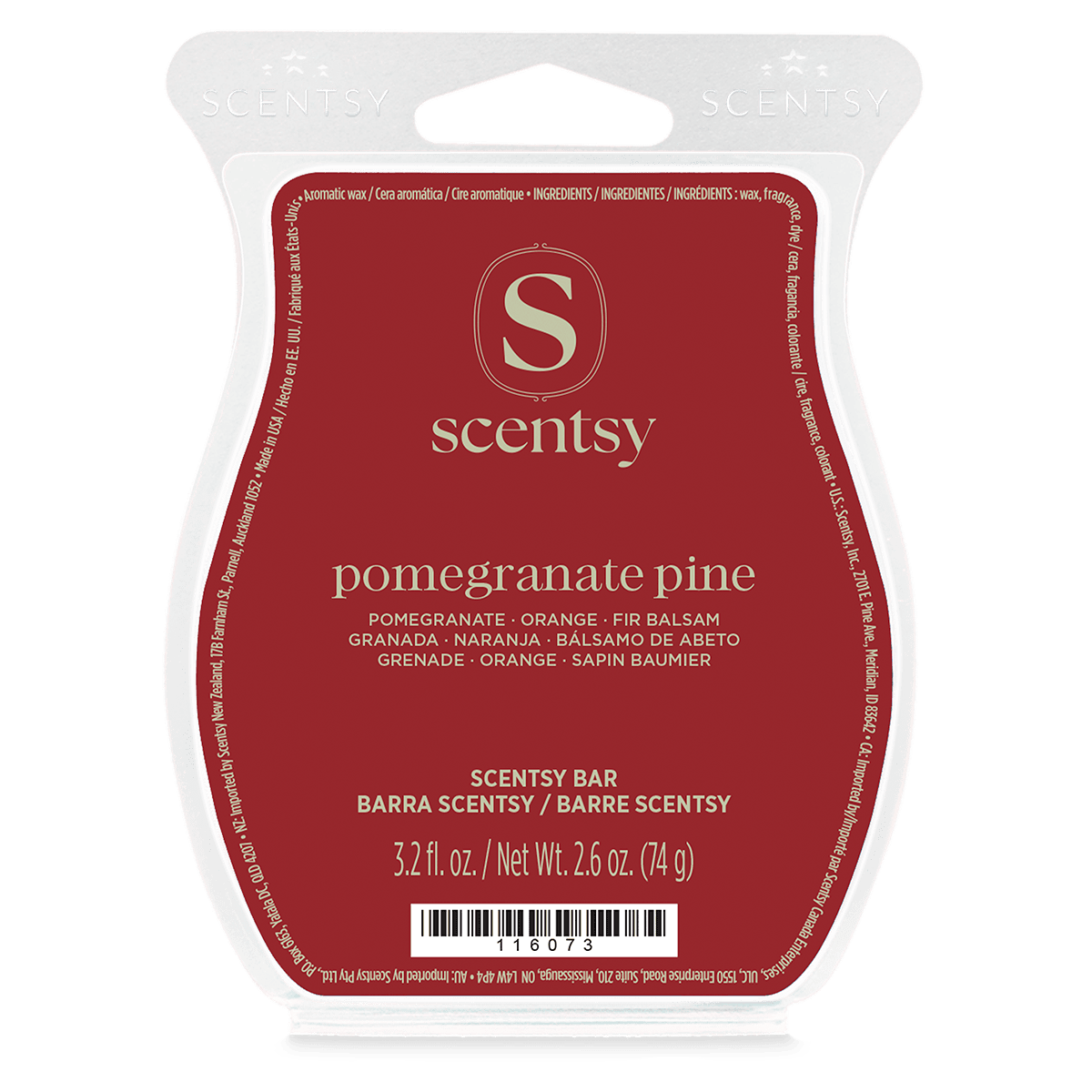 Deep red wax bar clamshell pack with gold Scentsy logo in a curved clear tray, the Pomegranate Pine Scentsy Bar
