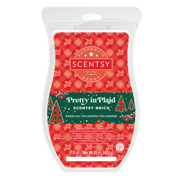 Red plaid clamshell wax pack with holly berry print and a green band showing plaid Christmas trees, the Pretty in Plaid Scentsy Brick