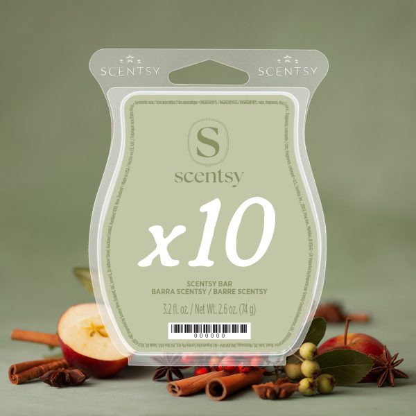 Sage green Scentsy Bar 10-pack in a clear curved clamshell marked x10, set among apples, cinnamon sticks, star anise and berries