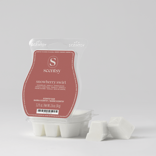 White wax cubes in a clear clamshell with a dusty rose label, two loose cubes beside it, the Snowberry Swirl Scentsy Bar