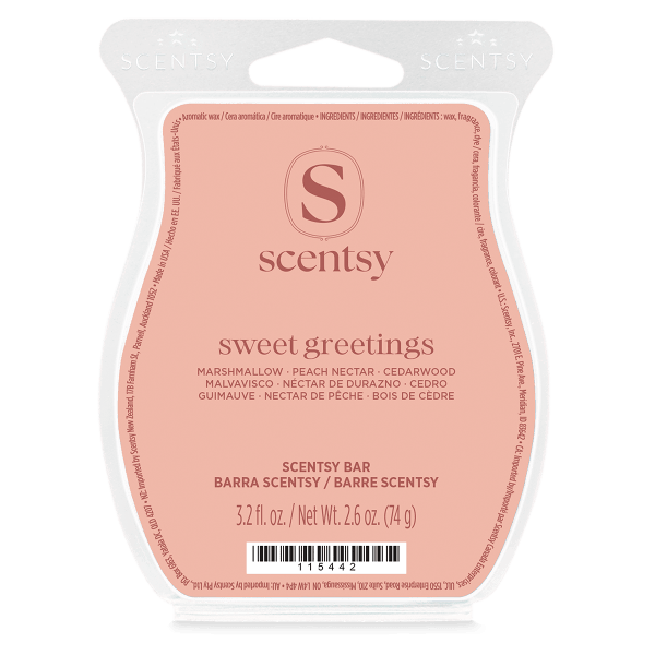 Peach-pink Scentsy wax bar in a clear plastic clamshell with a curved silhouette and white Scentsy logo, the Sweet Greetings (Grace) Scentsy Bar