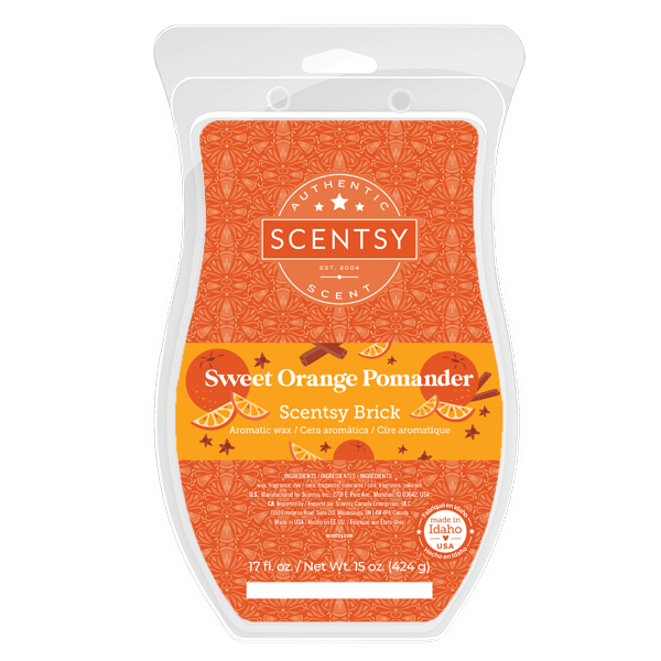 Sweet Orange Pomander Scentsy Brick in a clear curved clamshell pack with an orange patterned label showing orange slices, cinnamon sticks and cloves