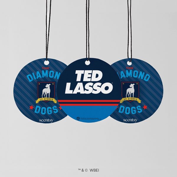 Three round hanging air fresheners on black cords in navy stripes, two with a greyhound crest and one reading Ted Lasso, The Diamond Dogs Scent Circle 3-pack