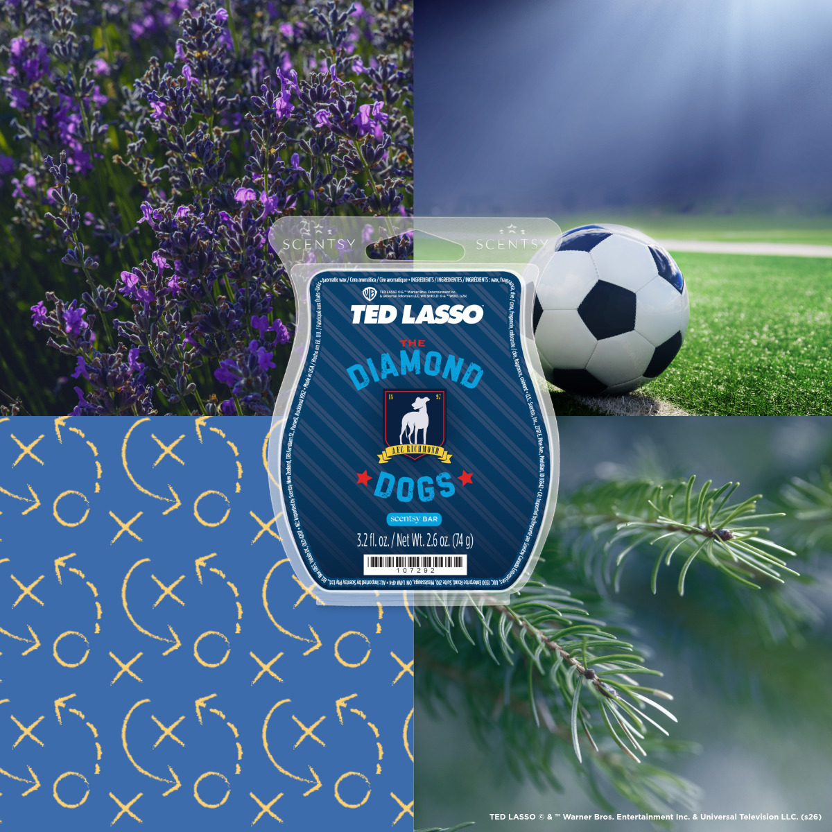 Navy striped wax bar package with AFC Richmond crest, The Diamond Dogs Scentsy Bar, over lavender, football, pine and playbook tiles